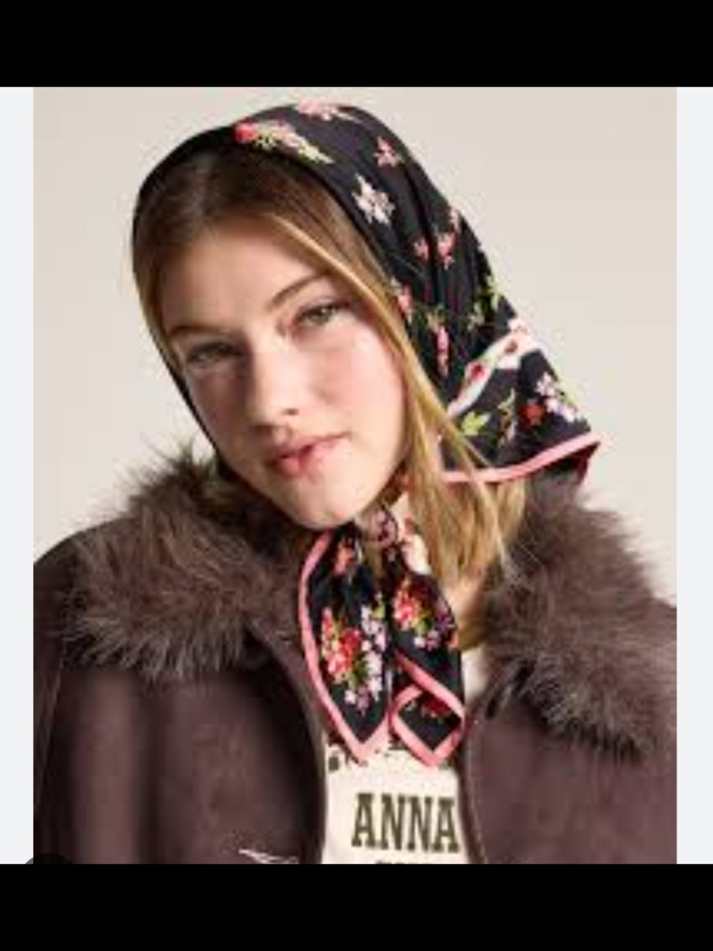 Anna Sui X Old Navy Black Floral Silky Headscarf with Pink Trim